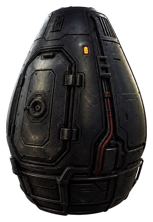 Dark cylindrical escape pod with small orange light and industrial panel details