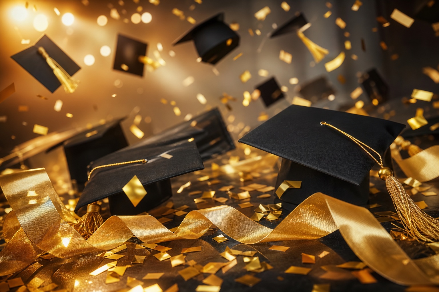 Graduation caps and gold confetti on a glowing celebratory background