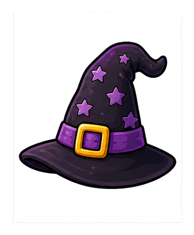 Purple witch hat with stars and a gold buckle on a black brim
