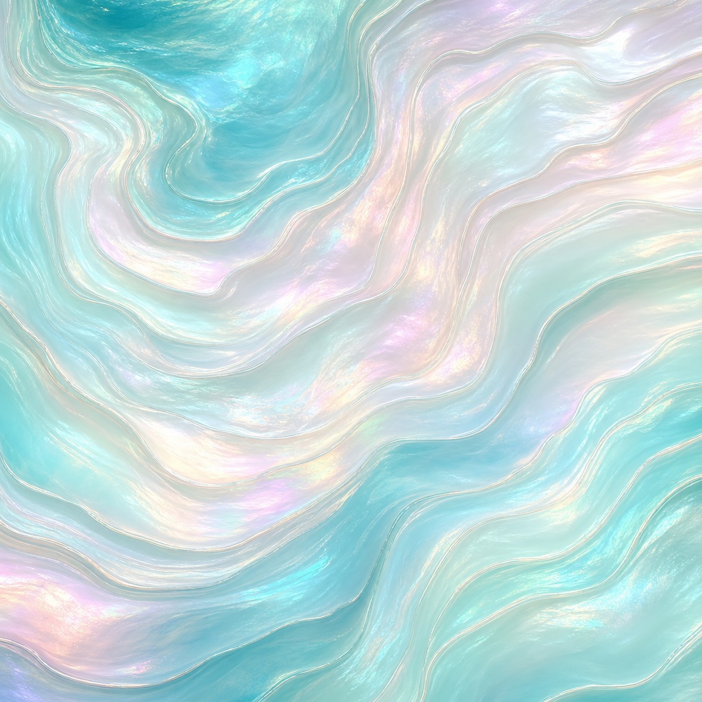 Soft iridescent aqua and pearl waves flowing across an abstract background
