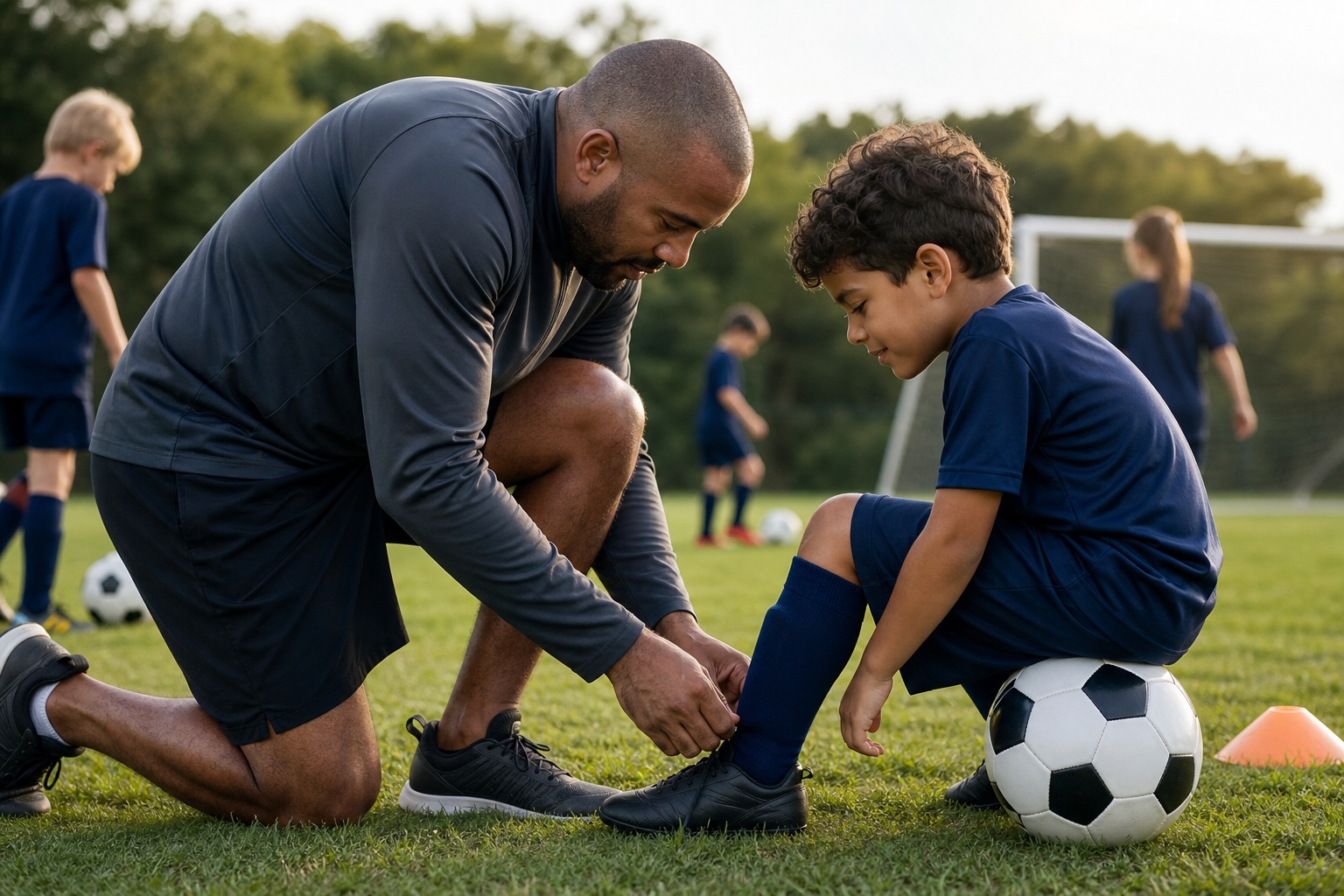 Coach kneeling beside a young soccer player on a grassy field while adjusting a cleat.