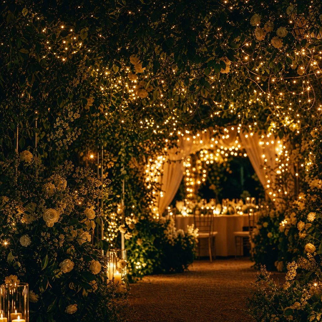 Romantic garden reception with warm lights, florals, and greenery at dusk