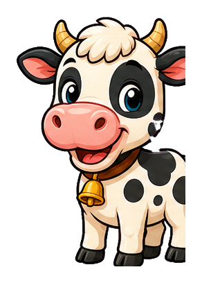 Cute smiling cartoon cow with horns and a bell, standing front facing