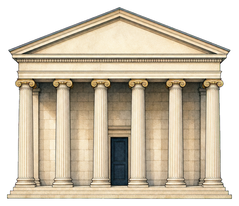 Illustrated classical Wall Street building facade with columns and pediment