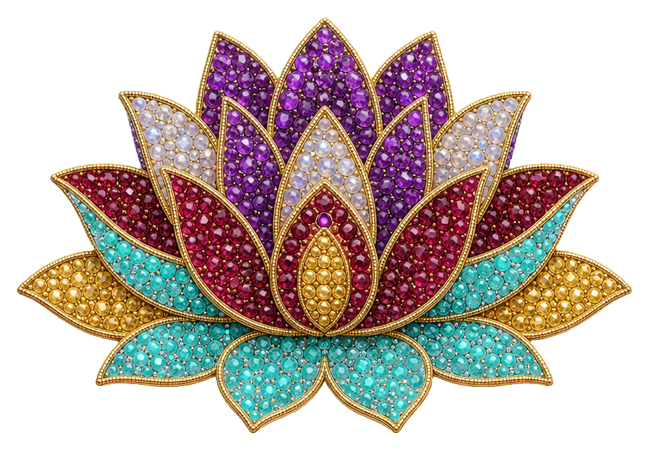 Colorful beaded gemstone lotus flower sticker with layered petals and gold outline