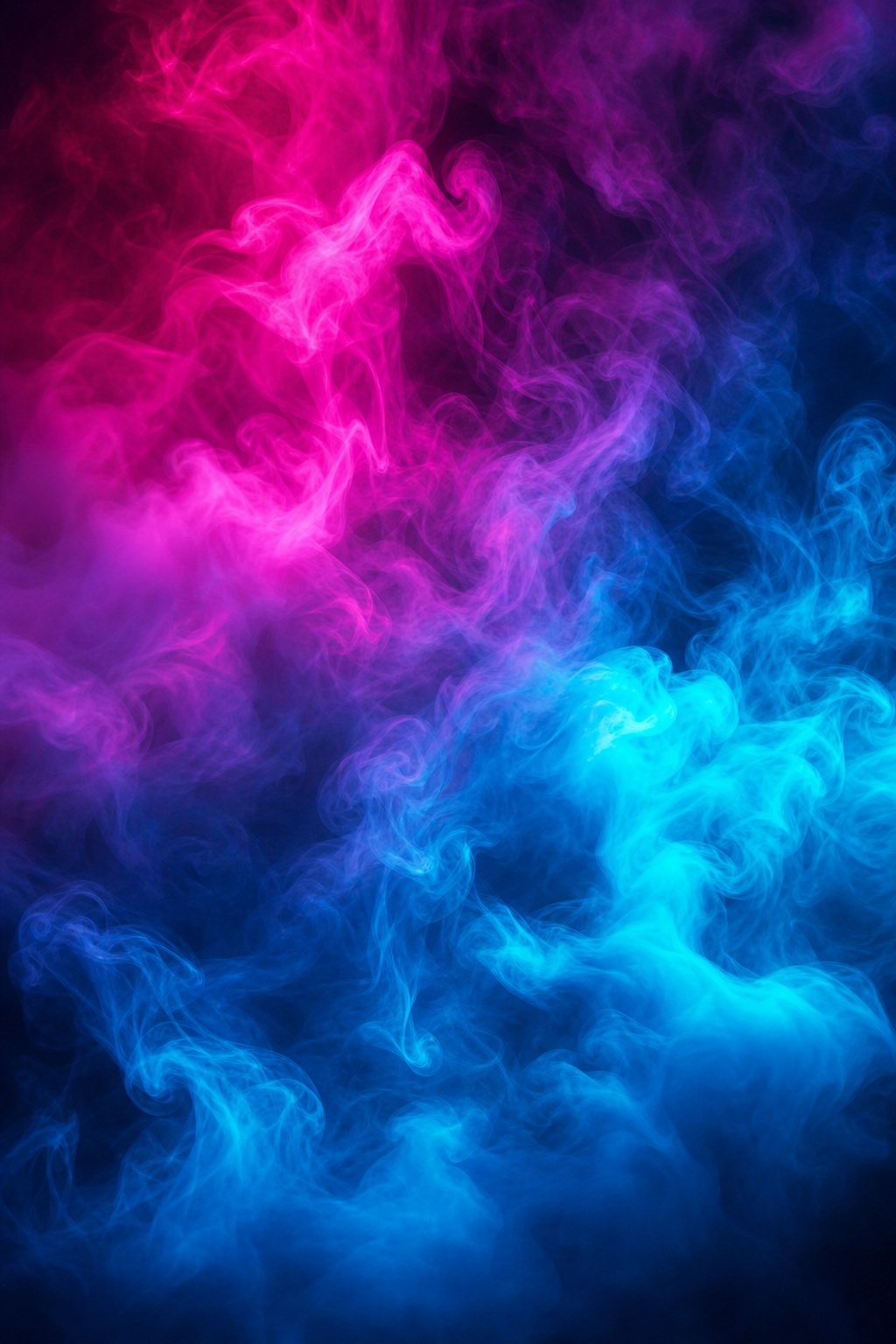 Vertical abstract smoke in magenta, cyan, and blue on a dark background.