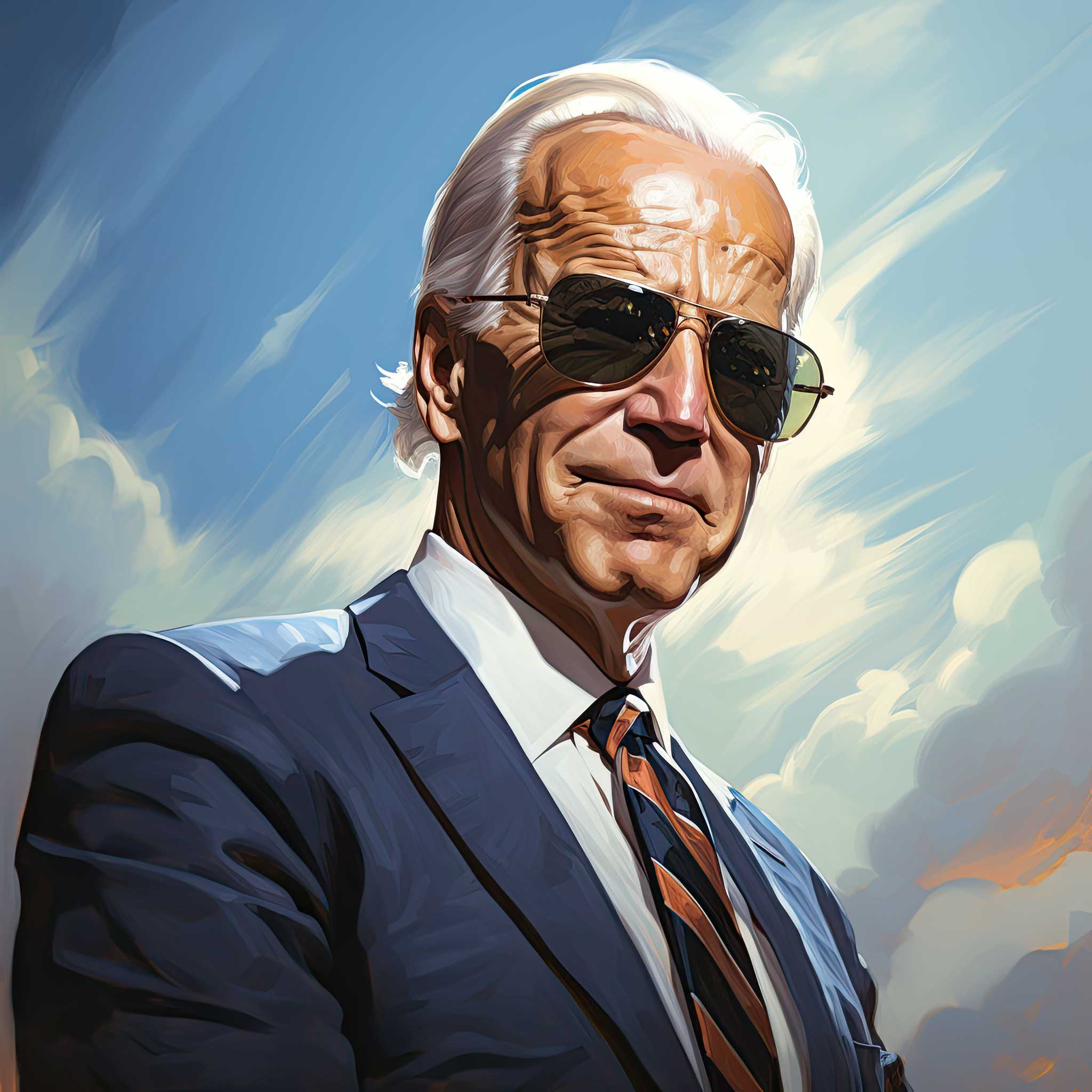 Stylized portrait of Joe Biden wearing sunglasses against a blue sky background.