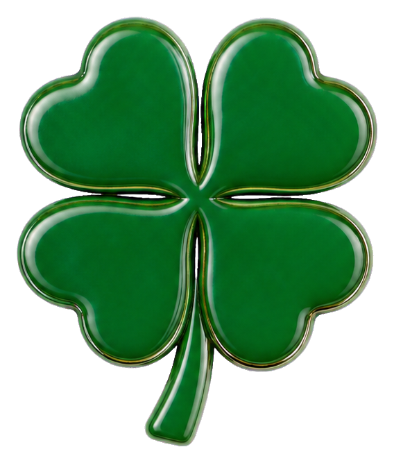 Shiny green four-leaf clover token sticker with a stem on a transparent background