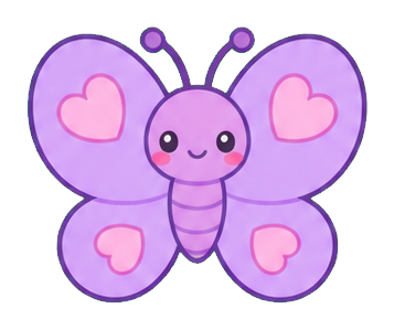 Cute lilac butterfly sticker with pink heart details and a smiling face