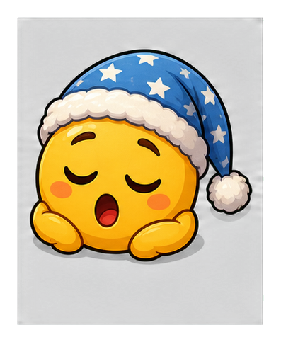 Sleepy yellow face wearing a blue starry nightcap with closed eyes and open mouth.