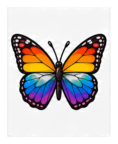 Colorful butterfly with rainbow wings and pink dotted edges on a black background