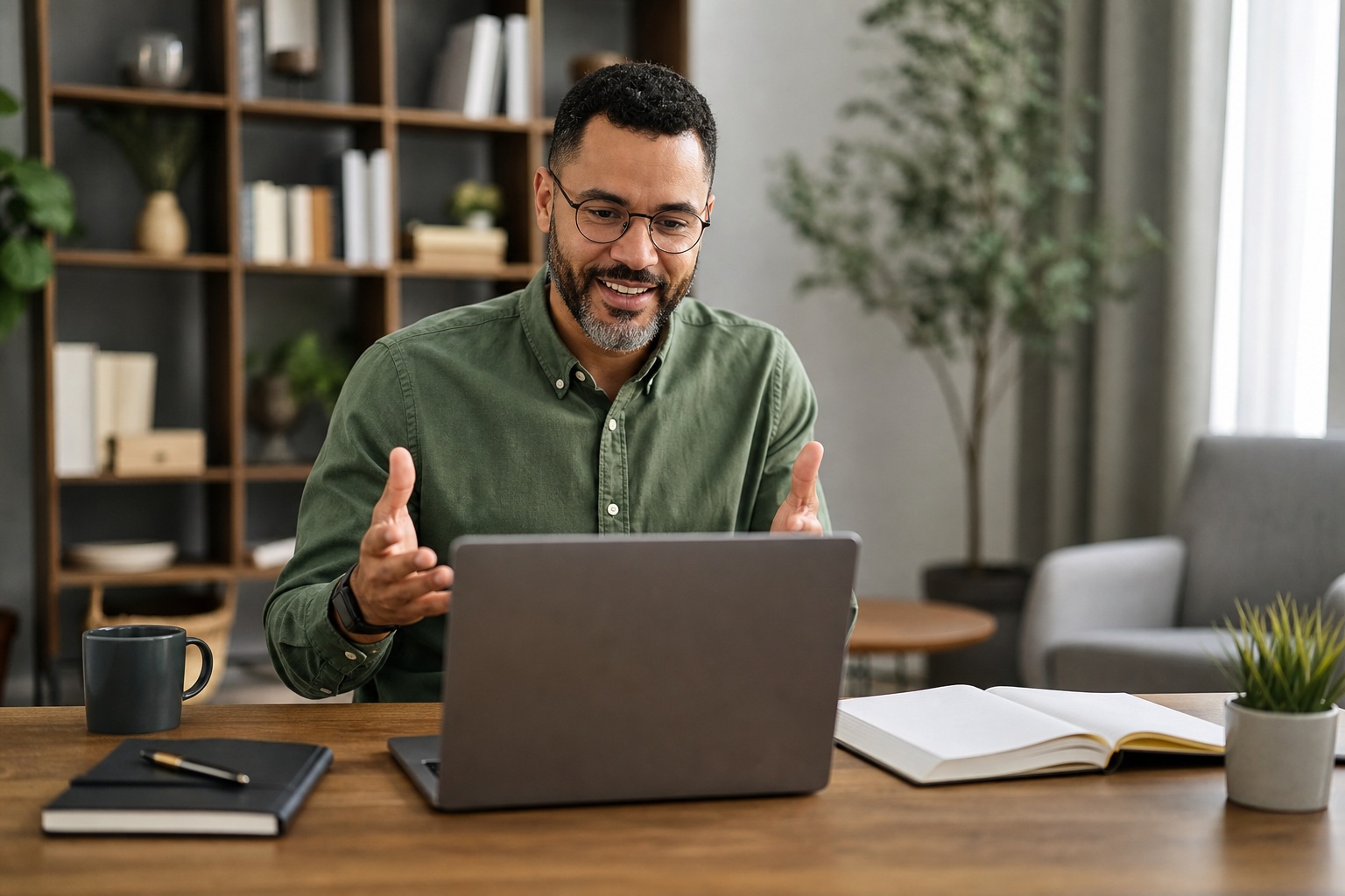 Smiling man working on a laptop at a home office desk with notebook and plant