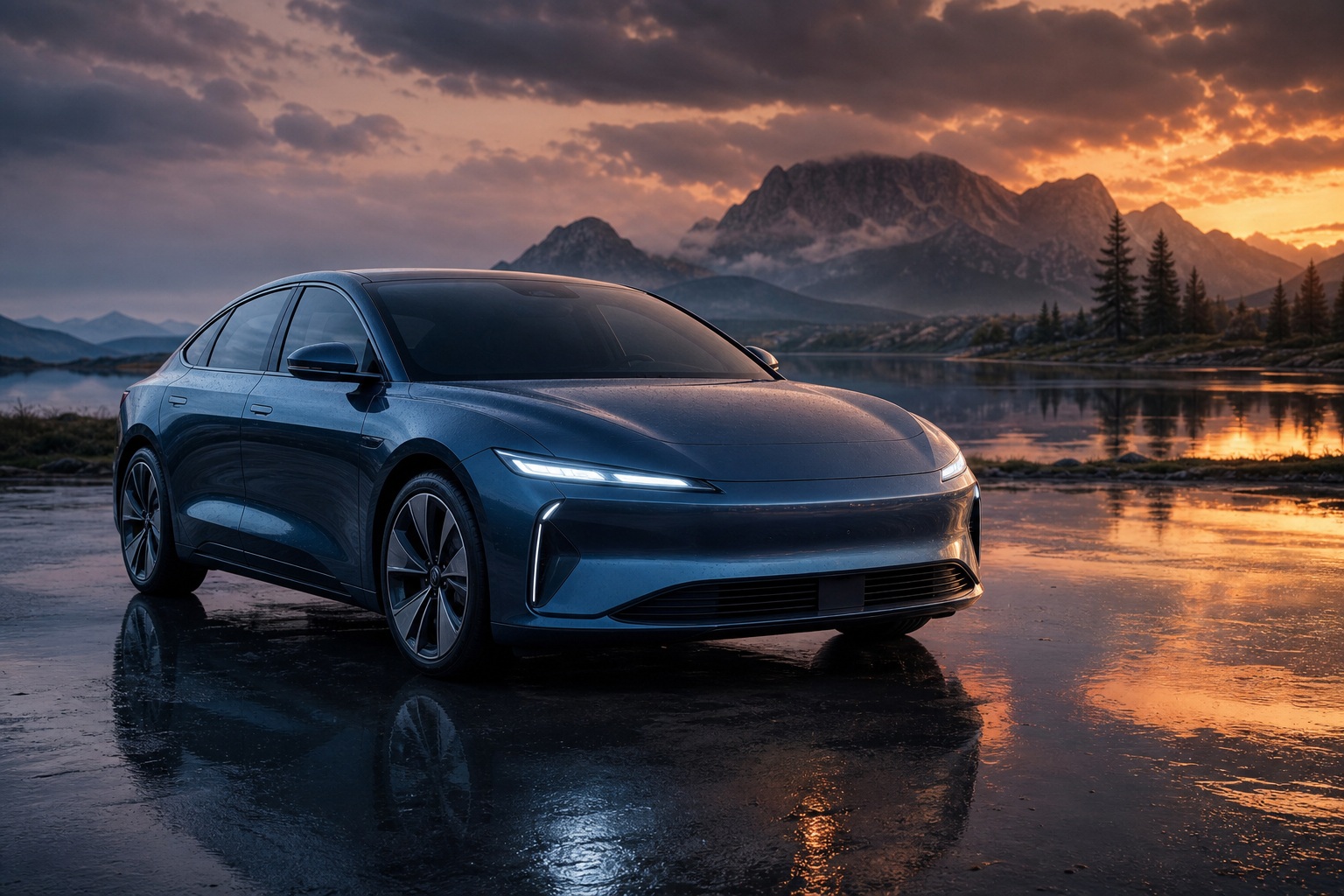 Preview for Electric Sedan Rain Glow Stock Background
