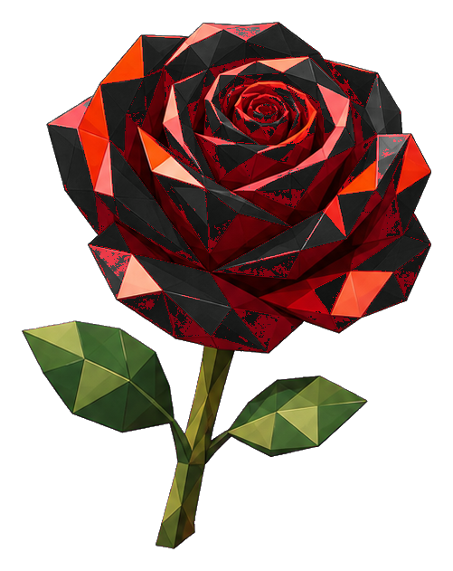 Low poly faceted ruby red rose with green stem and leaves