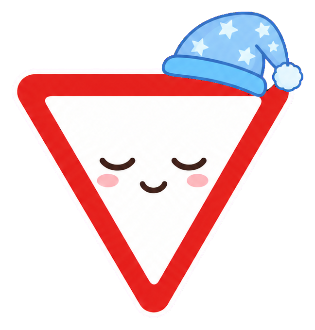 Cute sleepy yield sign with closed eyes and a blue star-pattern cap