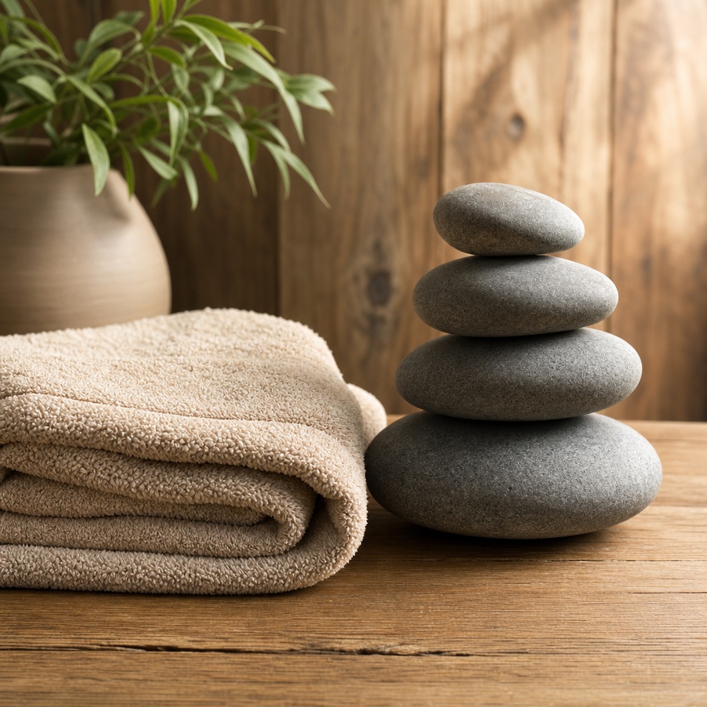 Folded beige towels beside stacked smooth stones on a wooden surface.