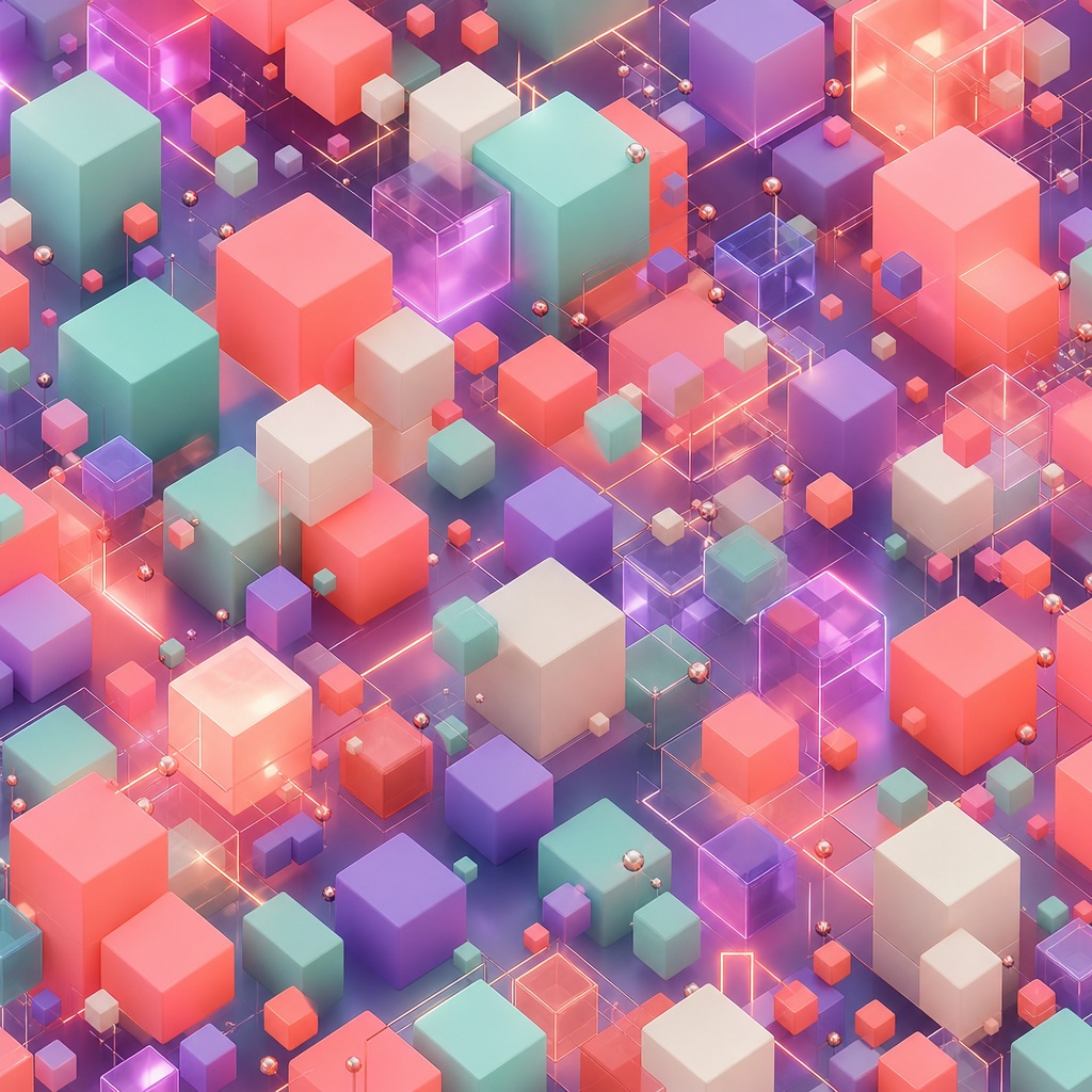 Colorful glowing 3D cubes arranged in a dense abstract geometric pattern