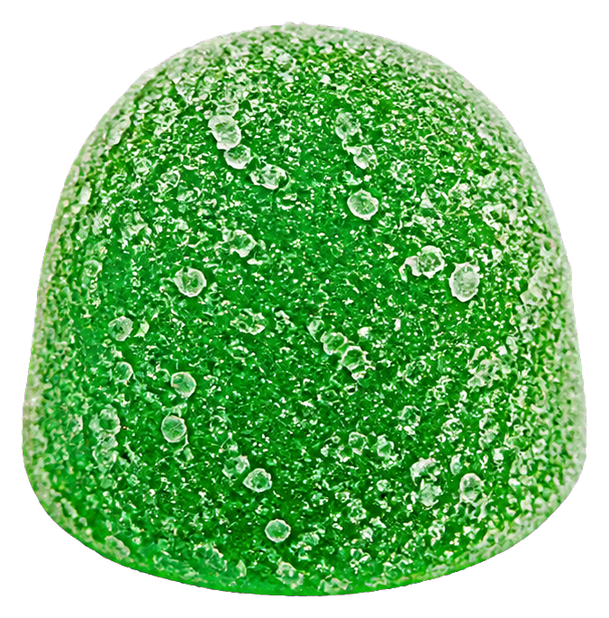 Realistic green gumdrop candy sticker with a rounded sugar-coated surface
