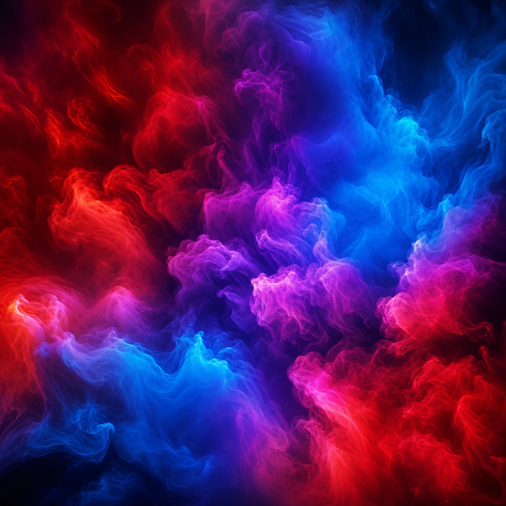 Abstract square background with red, blue, and magenta neon smoke clouds on black.