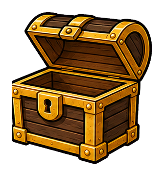 Open wooden treasure chest with gold trim and a front lock
