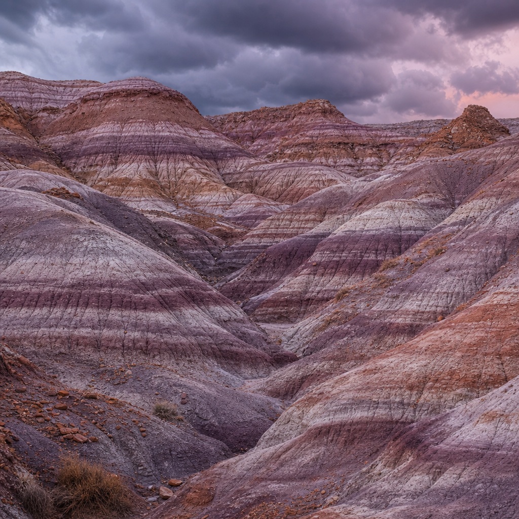 Striped sandstone badlands under a dramatic violet storm sky.