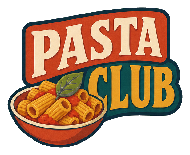 Retro text sticker reading Pasta Club above a bowl of pasta illustration.