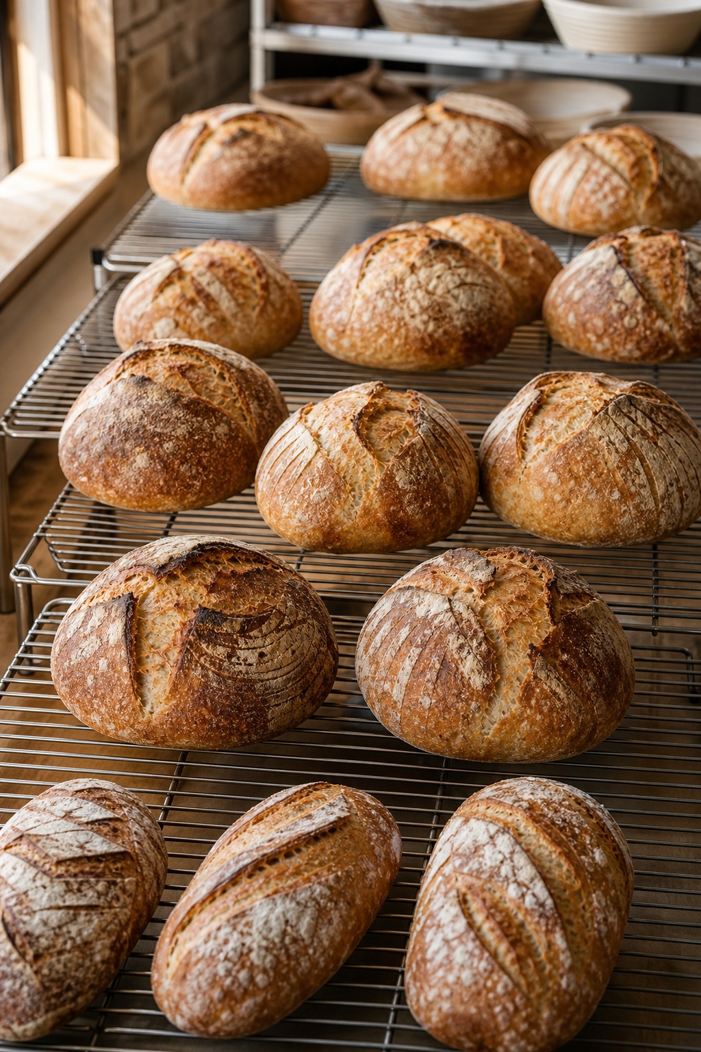 Fresh sourdough loaves cooling on metal racks in warm daylight.