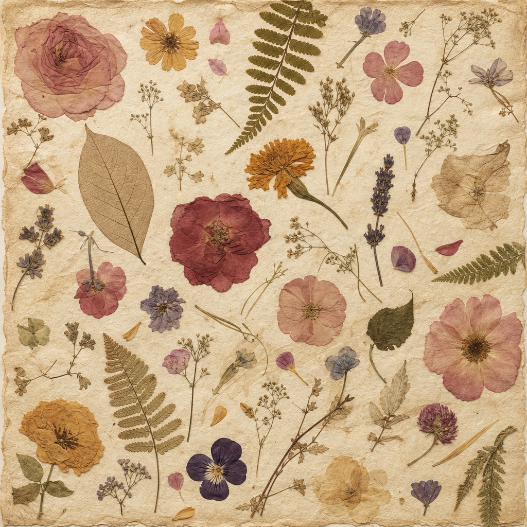 Square vintage paper background with pressed flowers, leaves, and botanical stems