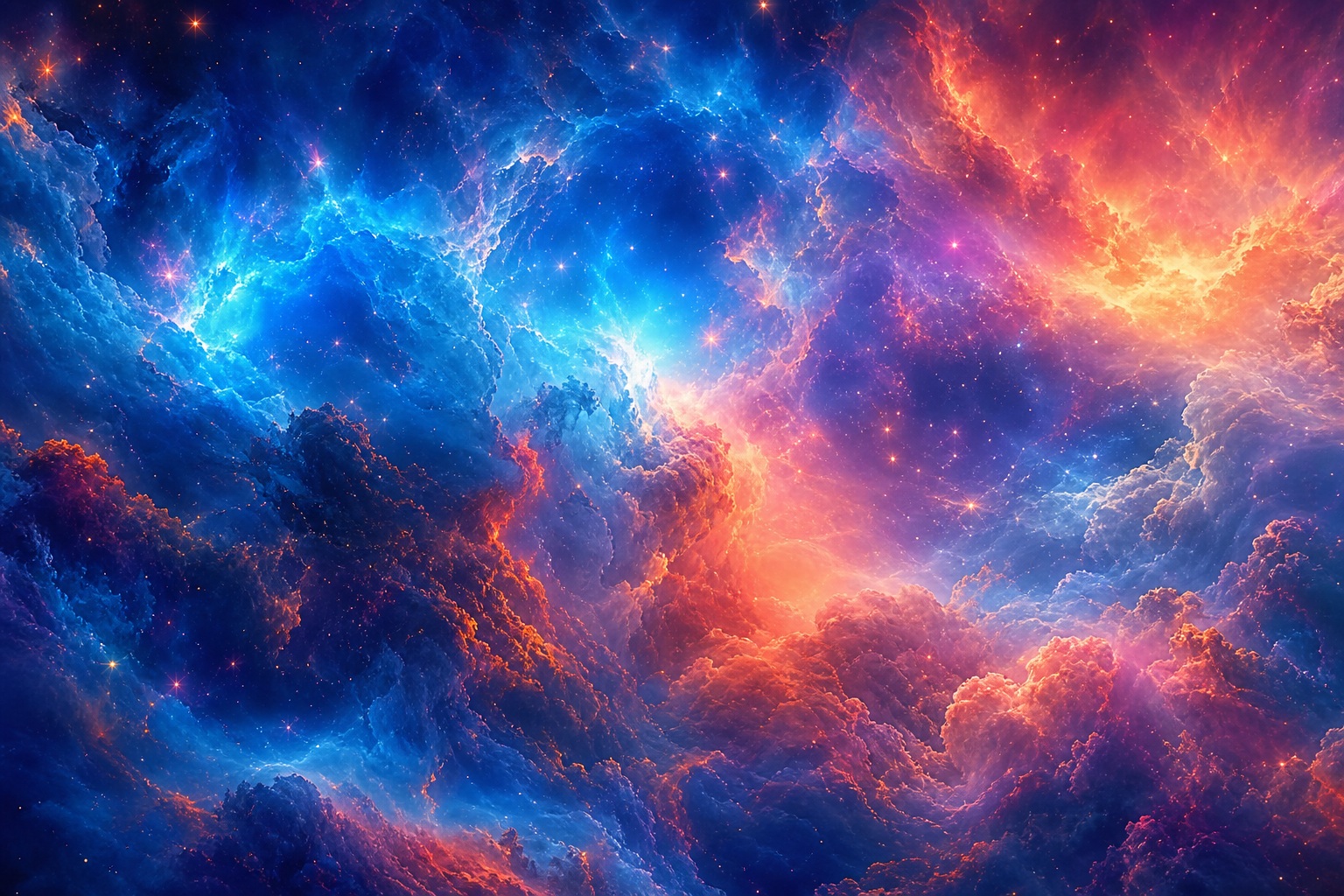 Electric blue and orange cosmic nebula clouds glowing in deep space