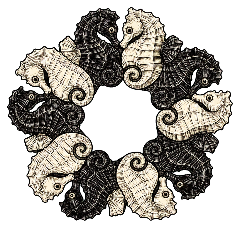 Black-and-white circular tessellation of seahorses forming a geometric pattern.