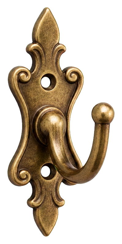 Antique brass wall hook with decorative details and a single curved hook