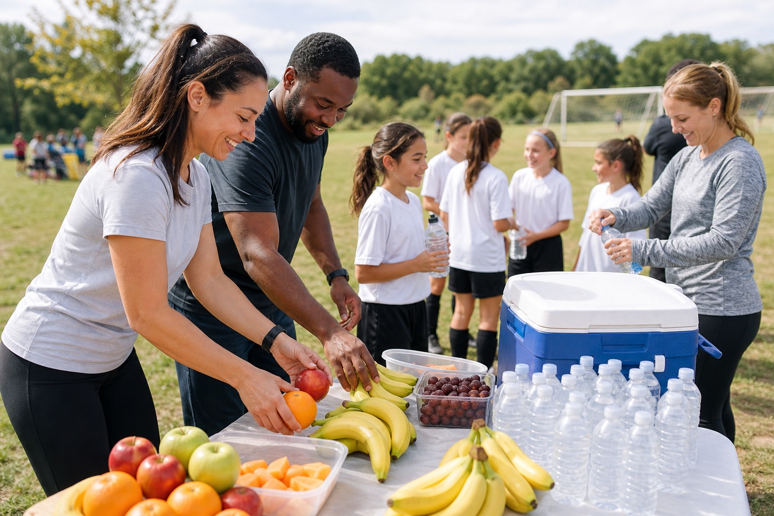 Youth soccer team and adults gathered around a sideline snack table with fruit and water bottles.