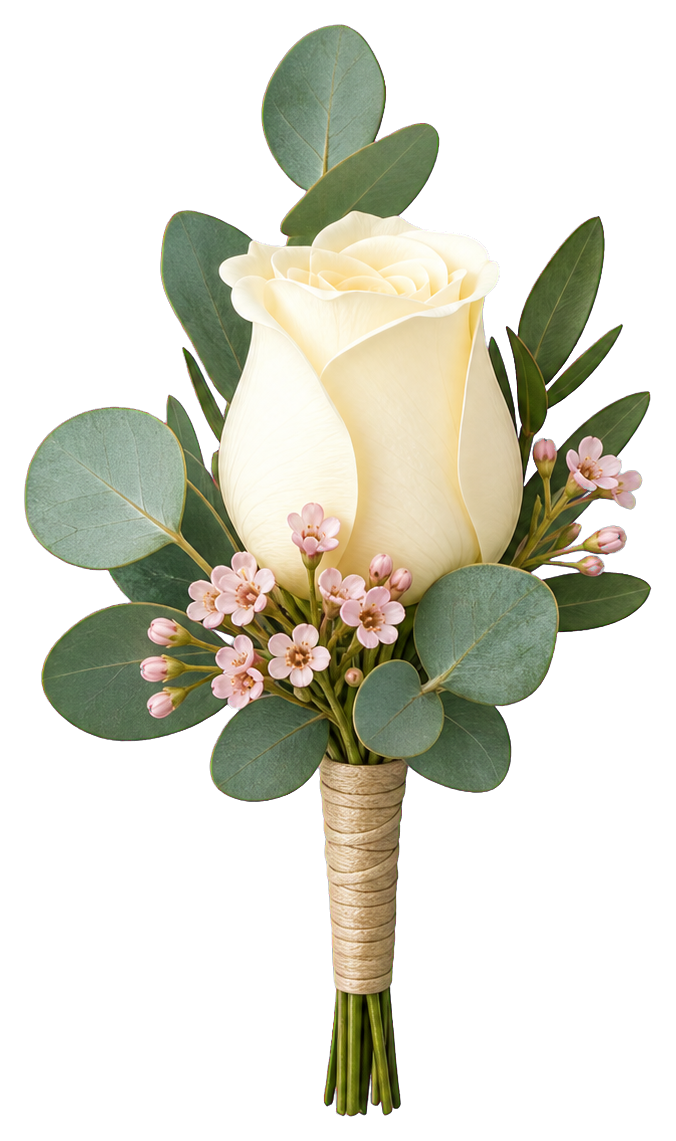 Cream rose boutonniere with eucalyptus leaves and small pink flowers