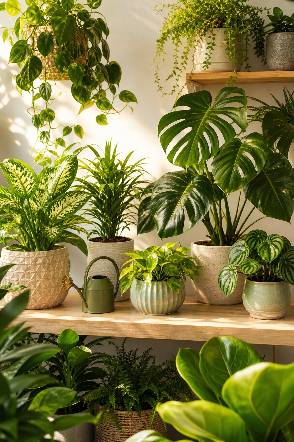 Sunlit plant shelf with lush houseplants, hanging vines, woven pots, and a watering can