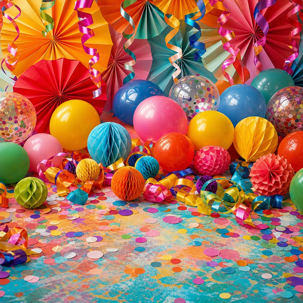 Colorful retro birthday confetti with balloons, streamers, and paper decorations