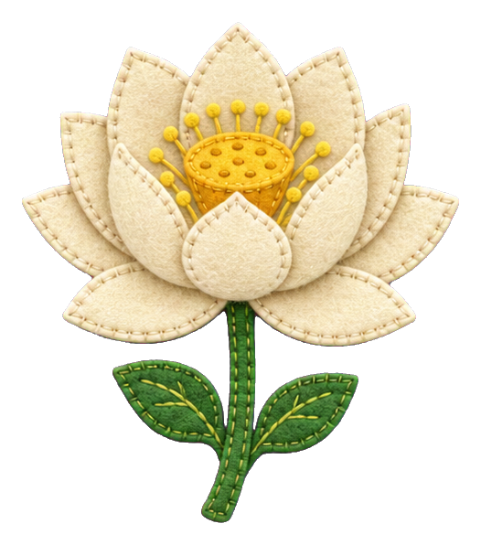 Ivory felt lotus flower with green stem and leaves