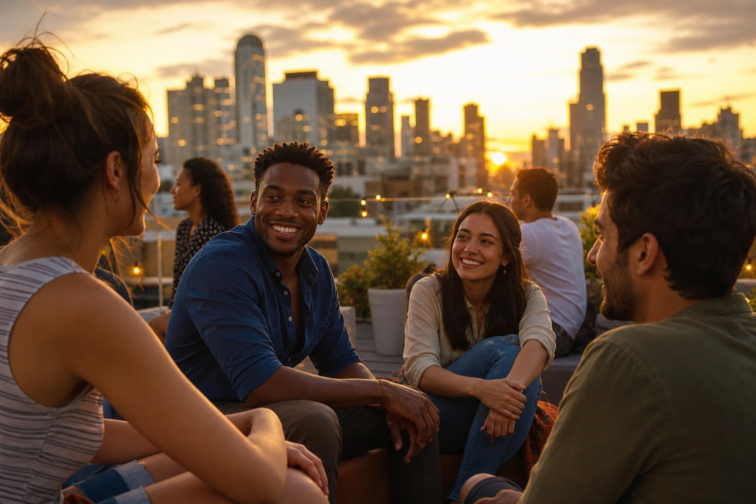 Friends sitting on a rooftop at sunset with a city skyline behind them.