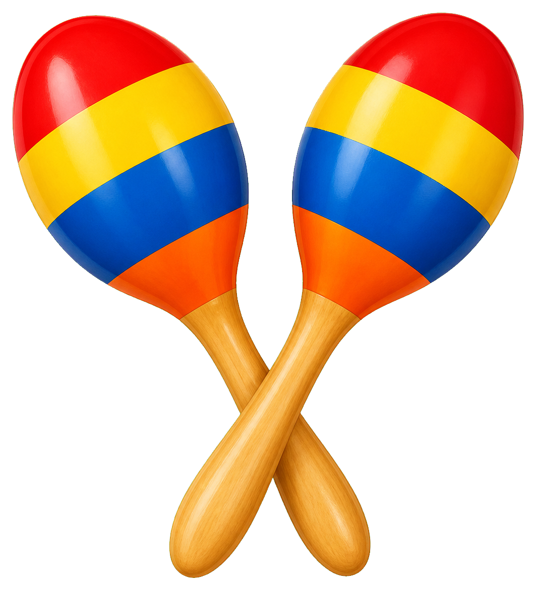 Two colorful maracas crossed with red, yellow, and blue stripes.