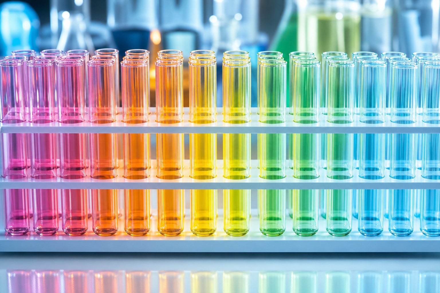 Rows of colorful test tubes on a laboratory rack above a clean lab bench