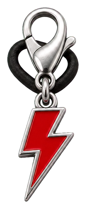 Silver charm with a red lightning bolt hanging on a black loop