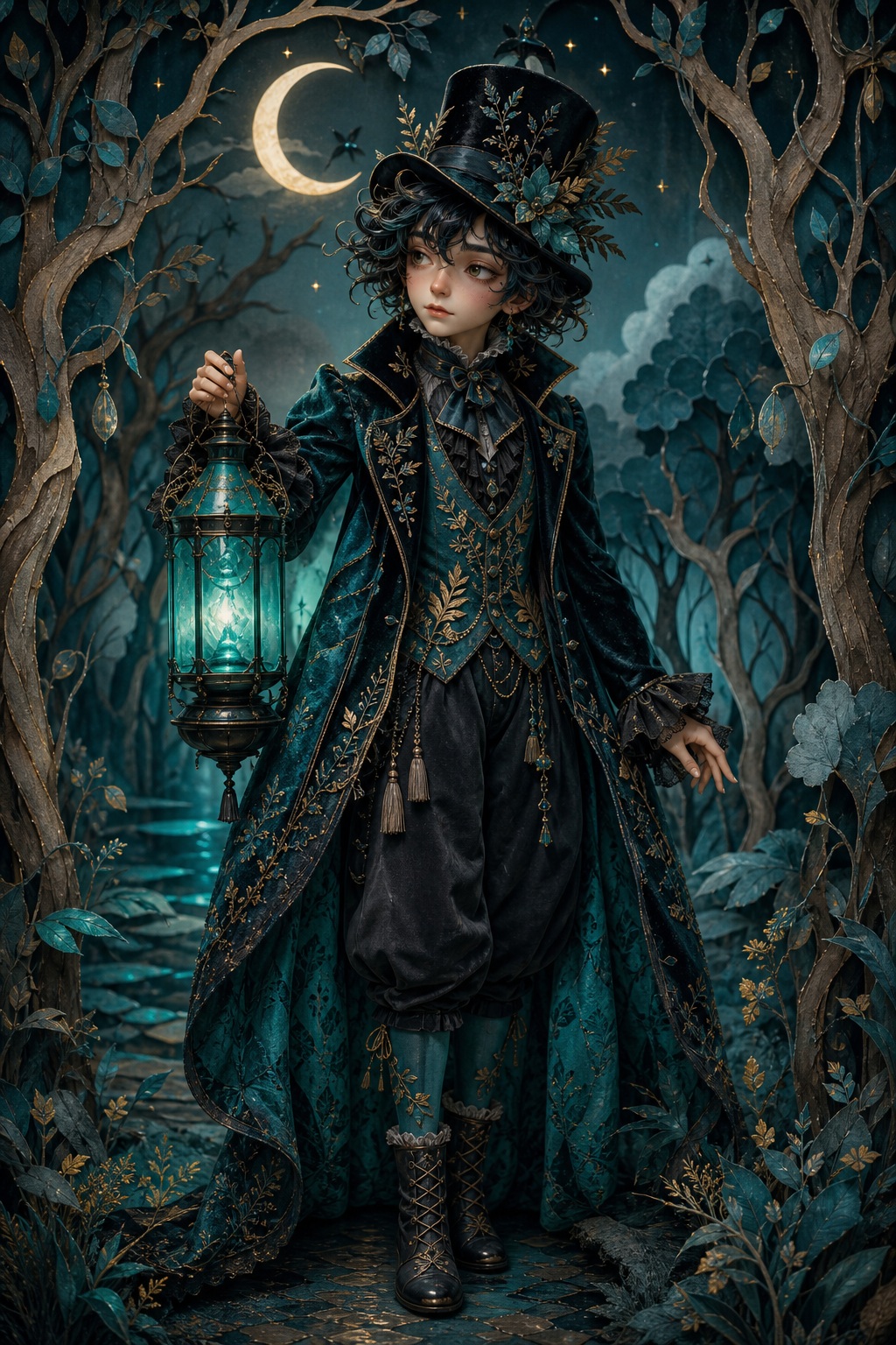 Gothic character in ornate clothing holding a glowing teal lantern in a dark forest.