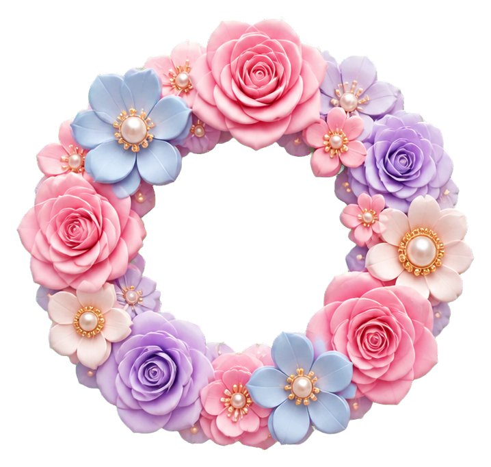 Round flower crown made of pink, purple, and blue flowers with small blossoms around the ring