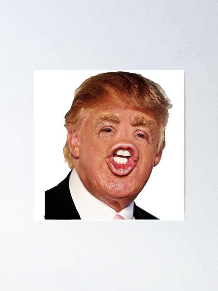 Portrait of Donald Trump with an exaggerated open mouth expression on a white square background.