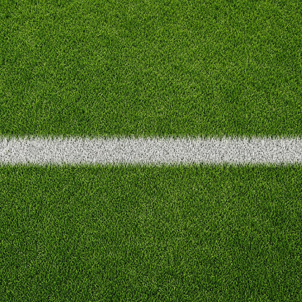 Green soccer turf with a white horizontal field stripe across the center