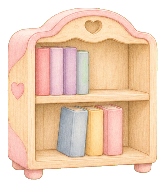 Cute pastel bookshelf with books and a heart cutout at the top