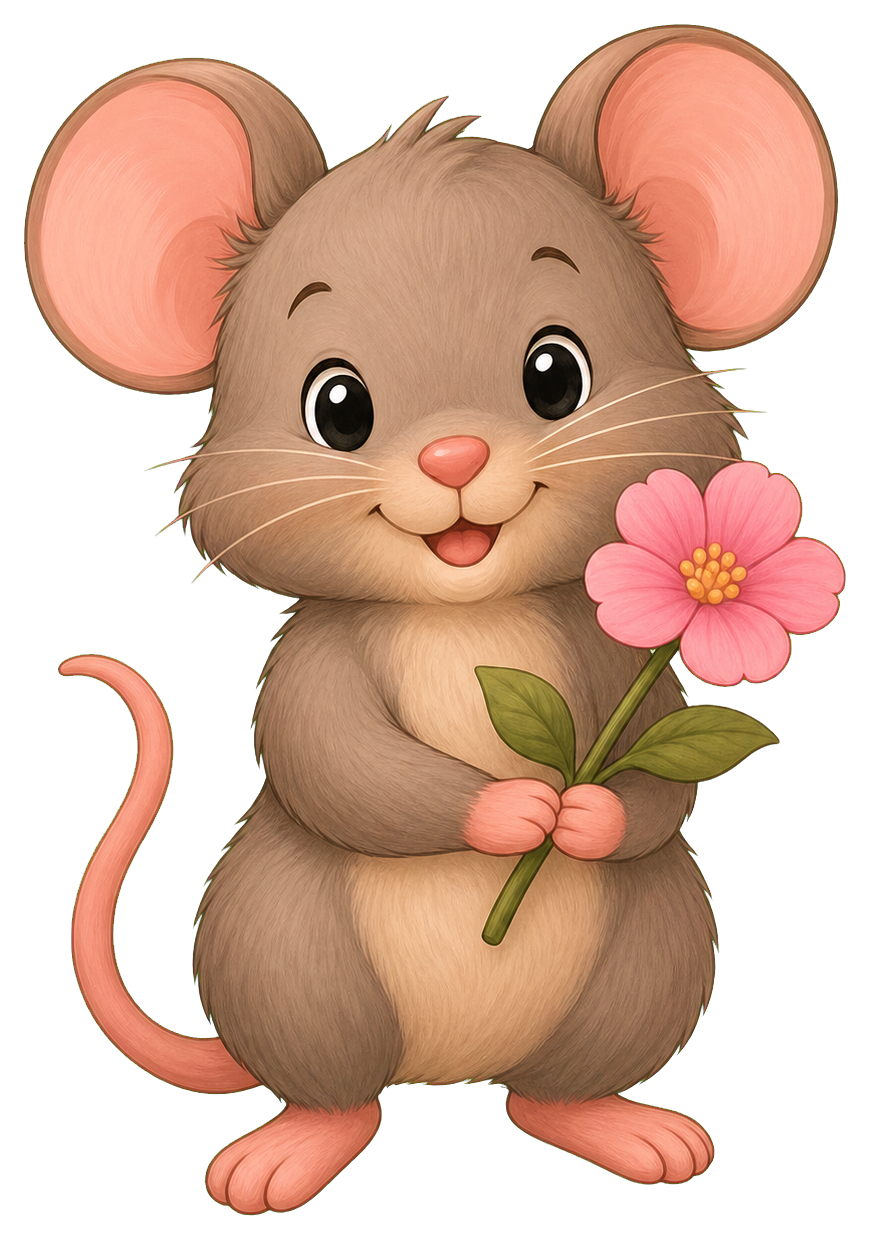 Cute mouse holding a pink flower with a smiling face and curled tail