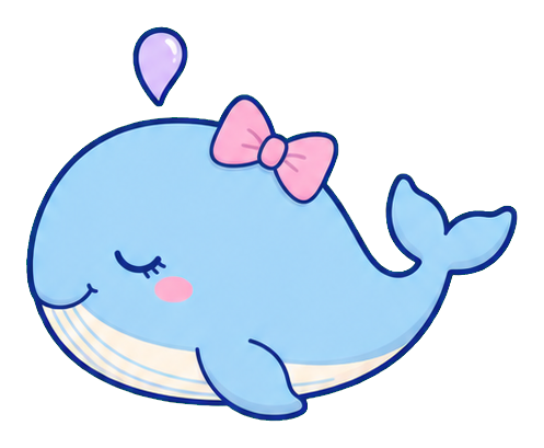 Baby blue sleepy whale sticker with closed eyes and a pink bow