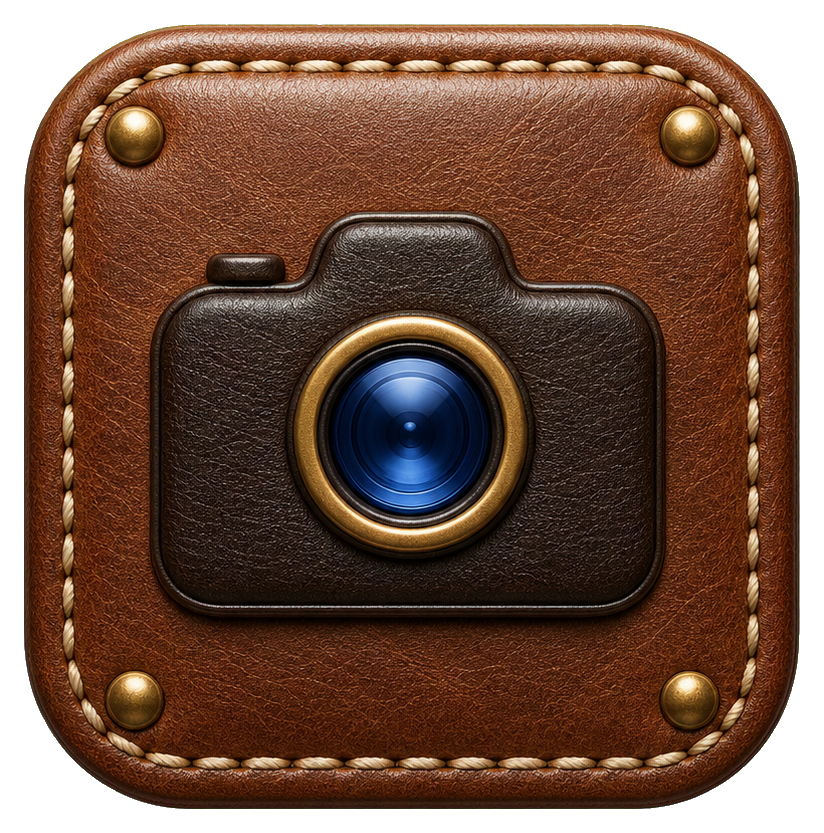 Leather-style camera app icon with brown stitched texture and a blue camera lens