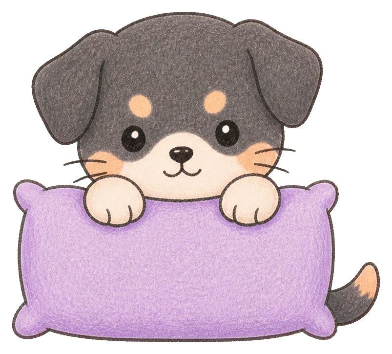 Cute black puppy peeking over a purple pillow illustration.
