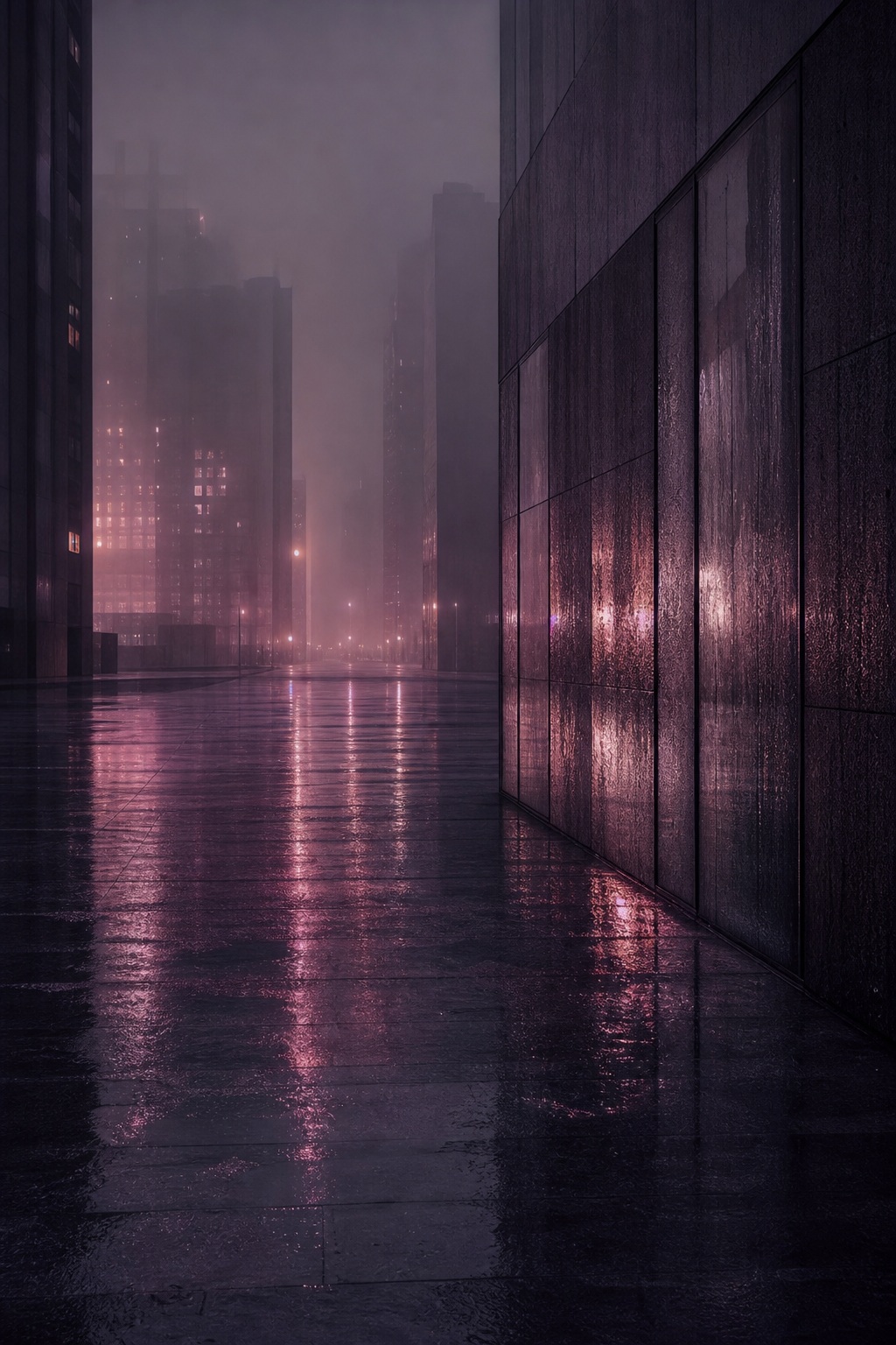 Rainy plum-toned city street with reflections and misty buildings at night